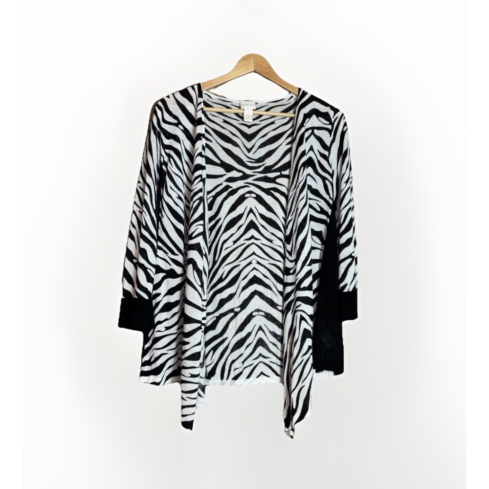 Chico's Lightweight Open Cardigan Size L‎ Zebra Print Drape Front 3/4 Sleeves